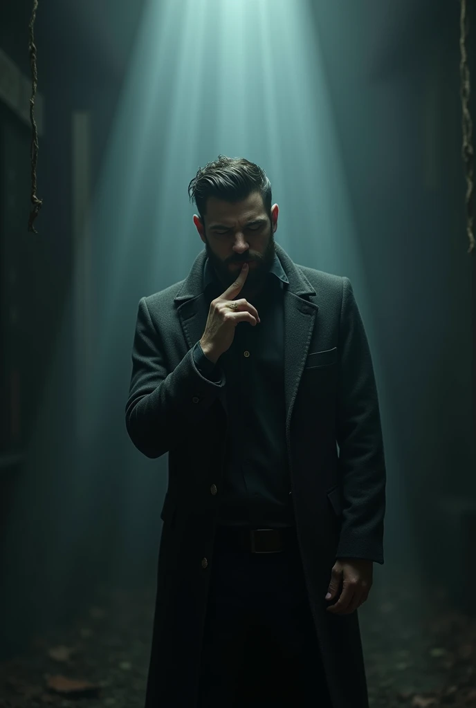 An image where a man appears.
Making silence with your finger Where your beast is emo.
And the backgrounds look really scary With rays