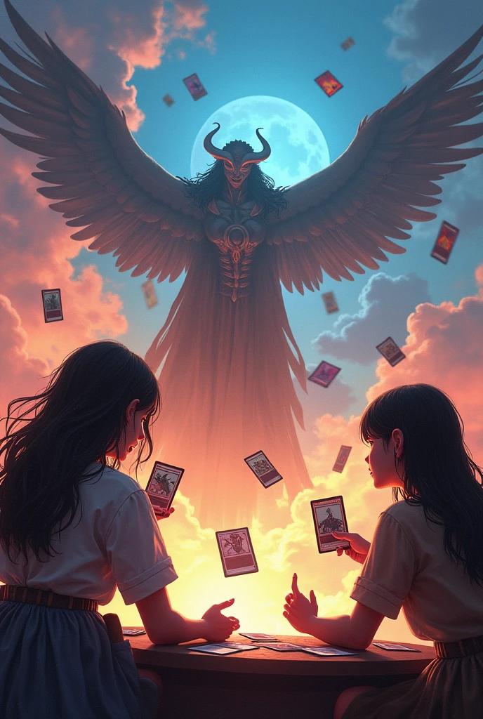 realistic photo, two girls play magic cards game on table, they summon two mages, (two mages fight in sky:1.9), many magic cards flying in sky, magic cards have comics on them, magic cards holding in all hands