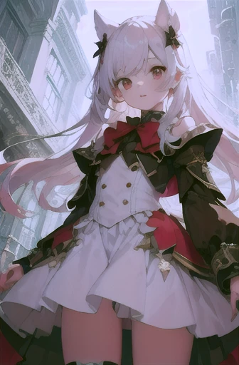 Beautiful illustrations, Highest quality, Cute girl, (Conversion Sequence), Transformation Magical Girl, Little, White Magical Girl, Fractal Art, albino, Baby Face, Long pure white red mesh hair, Beautiful and detailed red eyes, Cinema Lighting, Cowboy Shot, View your viewers, From below, Happy