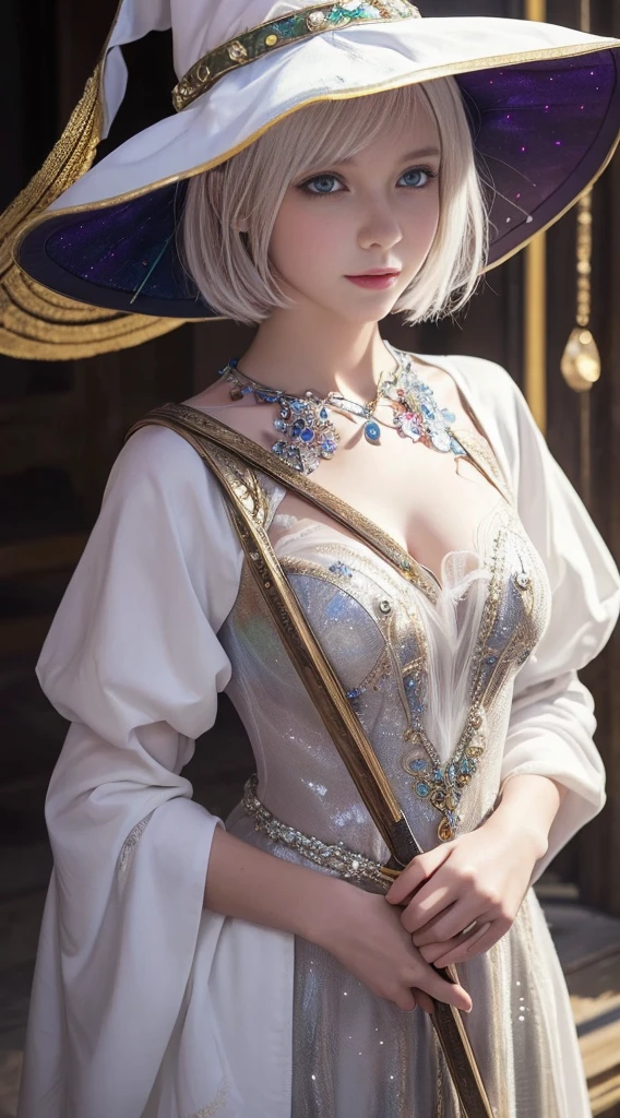 (masterpiece), (Artwork), (great work), (Detailed eyes), (Delicate skin), (heterochromatic eyes), (Multicolor), (Short white hair with bangs), (Sparkling eyes), (One girl) Wearing a witch hat, Ancient, old, Dressed in gorgeous medieval costume, masterpiece, Highest quality, Best Designer, Best illustrations