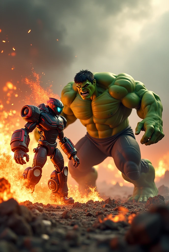 Ultimate echo echo Ben 10 alien vs hulk square ai image, both angry in battlefield with fire around them