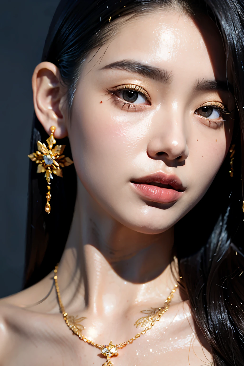 Gold Tattoo,Girl with gold earrings in the rain, Using VRay tracking style, Martin, yuumei, Inverted, close up, Dark white and gold, sketch, masterpiece, best quality,
