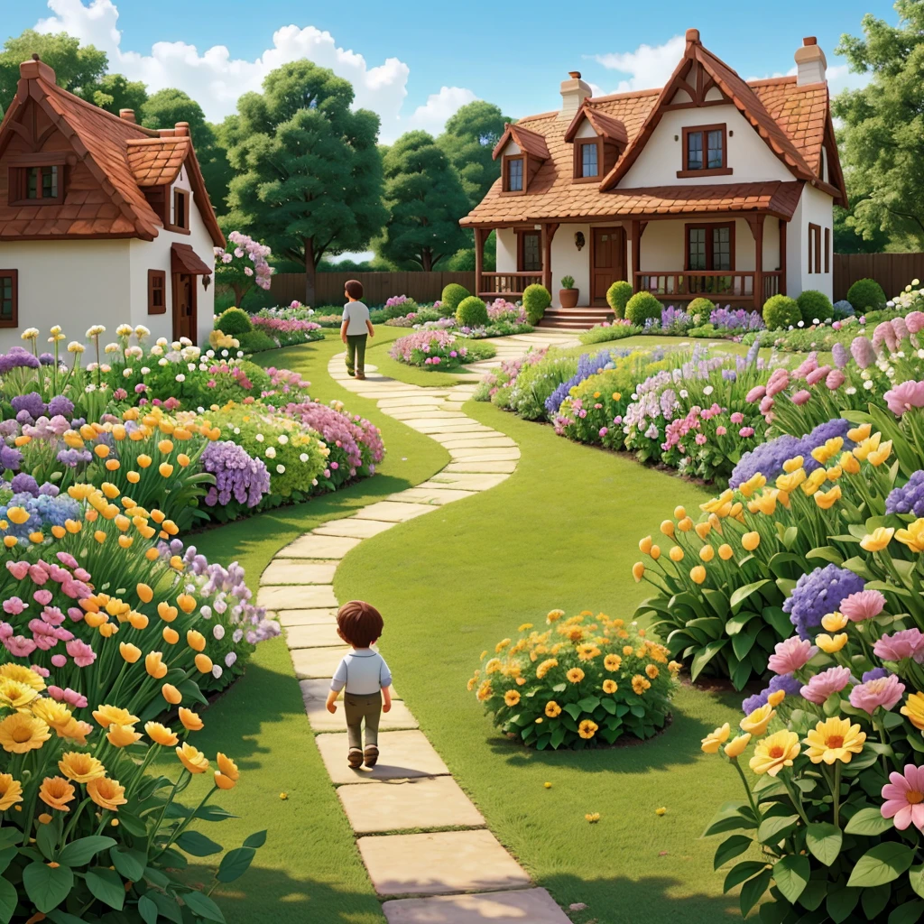Create a character walking in the garden full of flowers and beautiful houses