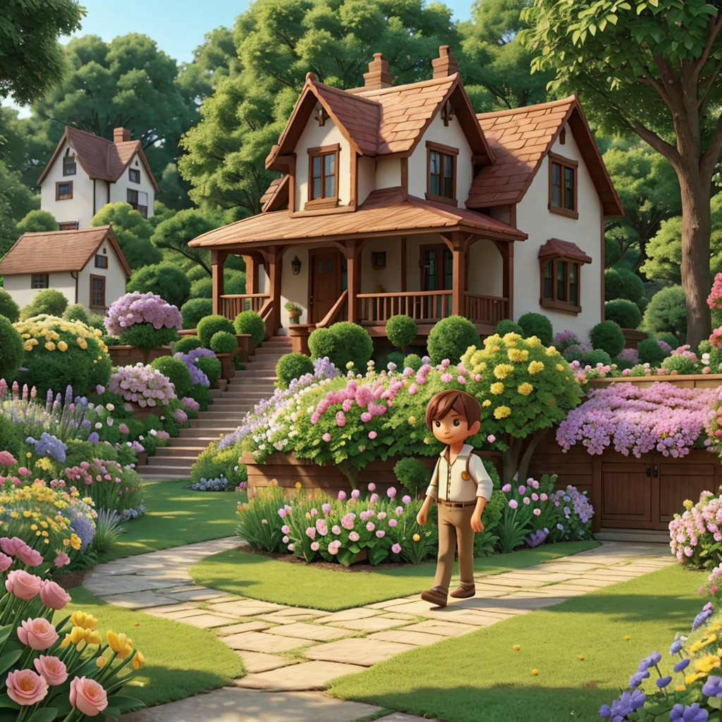 Create a character walking in the garden full of flowers and beautiful houses