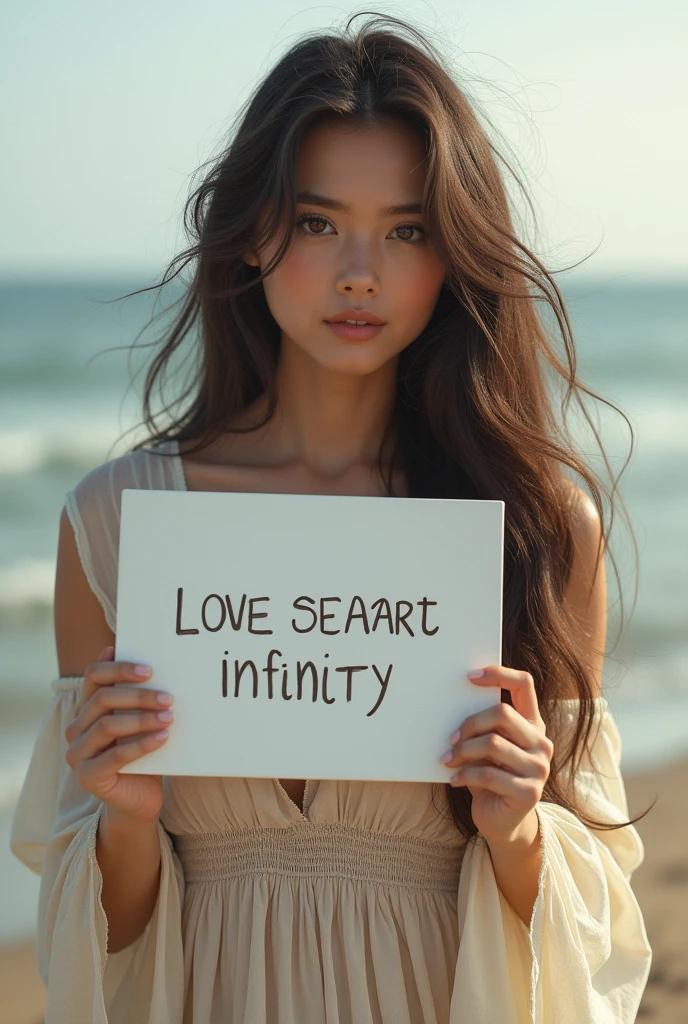 Beautiful girl with wavy long hair, bohemian dress, holding a white board with text "I Love Seaart Infinity" and showing it to the viewer