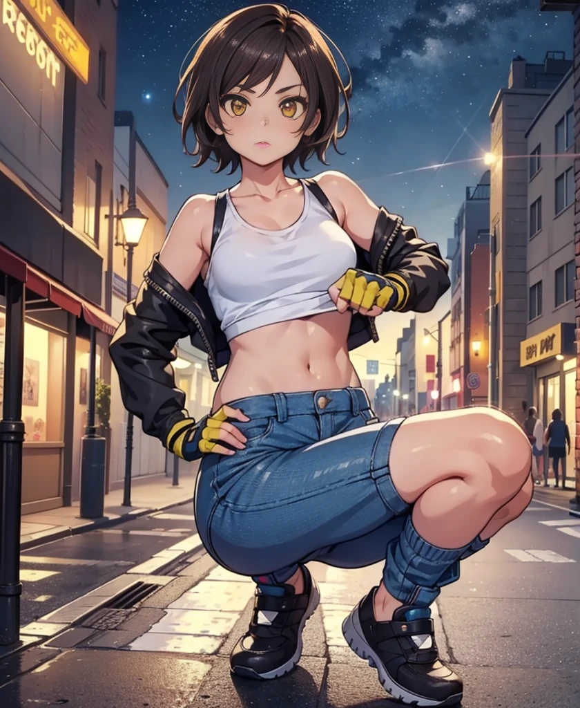 Street Dancer, short hair, Brown Hair, Glowing yellow eyes, Perfect Lips, Cute expression, Cute Face, Cute pose, Fingerless gloves, gun, Tank top, Jacket, Cute pose, Ultra detailed face, Long eyelashes, Sharp eyes , Full Body Shot, Dynamic Viewer, Night Sky