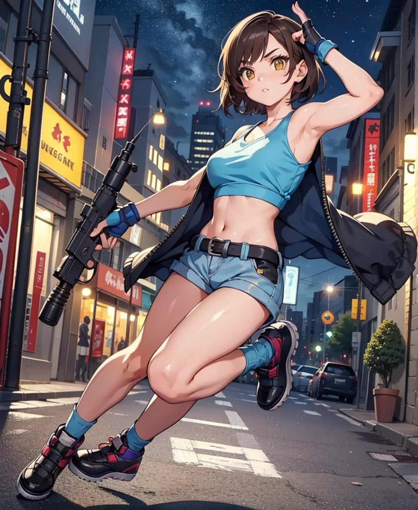 Street Dancer,  short hair, Brown Hair, Glowing yellow eyes, Perfect Lips,  Cute expression, Cute Face, Cute pose, Fingerless gloves, gun, Tank top, Jacket, Cute pose, Ultra detailed face, Long eyelashes, Sharp eyes , Full Body Shot, Dynamic Viewer, Night Sky 