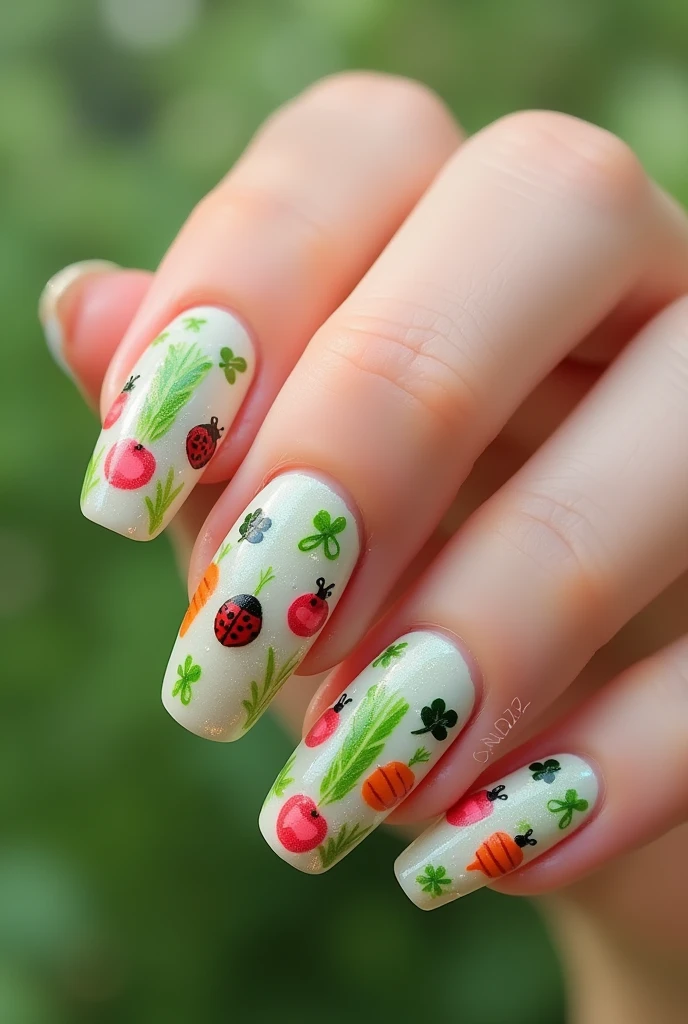 A nail art with ladybug and vegetables pattern in soft color with aesthetic image and the backgound color is green