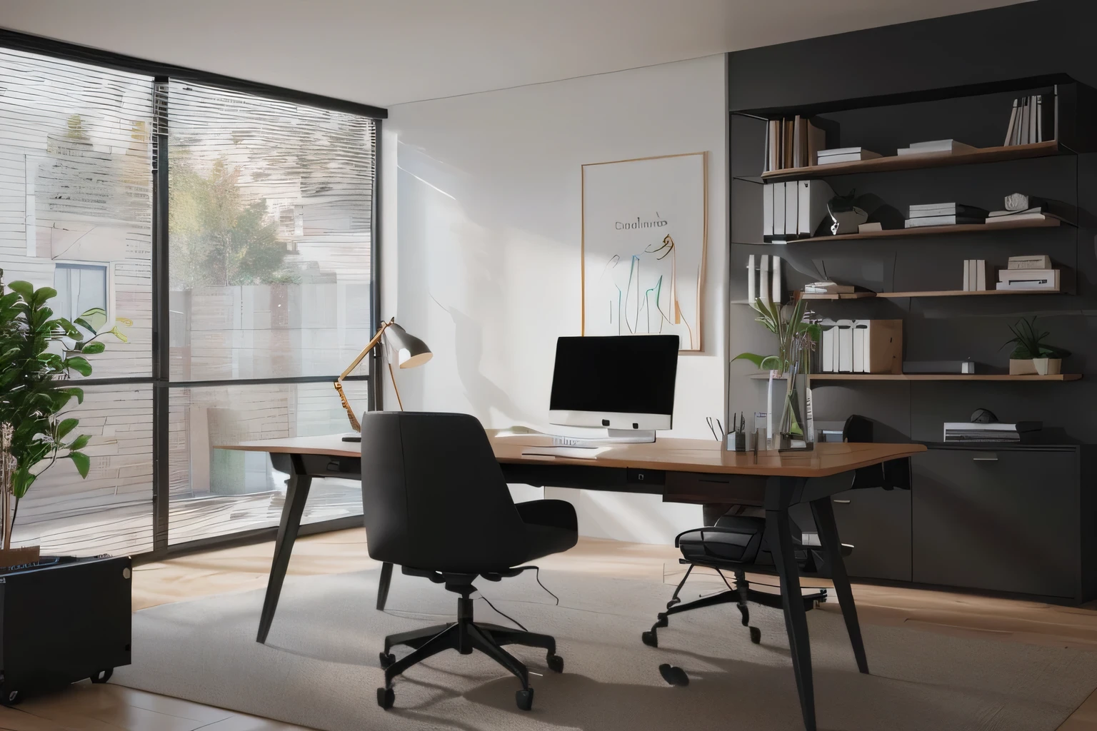 there is a desk with a computer and a chair in the room, home office interior, minimalist home office, home office, office furniture, offices, minimalist desk, modern office, professional render, office room interior, in a open-space working space, with backdrop of natural light, working in an office, office background, modern minimalist f 2 0, contrast, cin,ematic filter