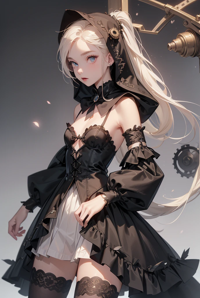 (((masterpiece, of the highest quality, super detailed))), (a witch belonging to an occult order of knights), (a knight crossed with a witch), Victorian era inspired, ((minimal but intricate beautiful armour)), Fluttering lace flared dress with frilly petticoats, ((nier automata meets bloodbourne)), ((((Highly detailed face))),  (big forhead:1.2), (((Very sharp focused eyes))), very long eyelashes, small breasts, (((flat chest:1.1))), occult aesthetic, (red and white clothing detailed and intricate steampunk and detailed gothic), (with a hood), complex lace boots,