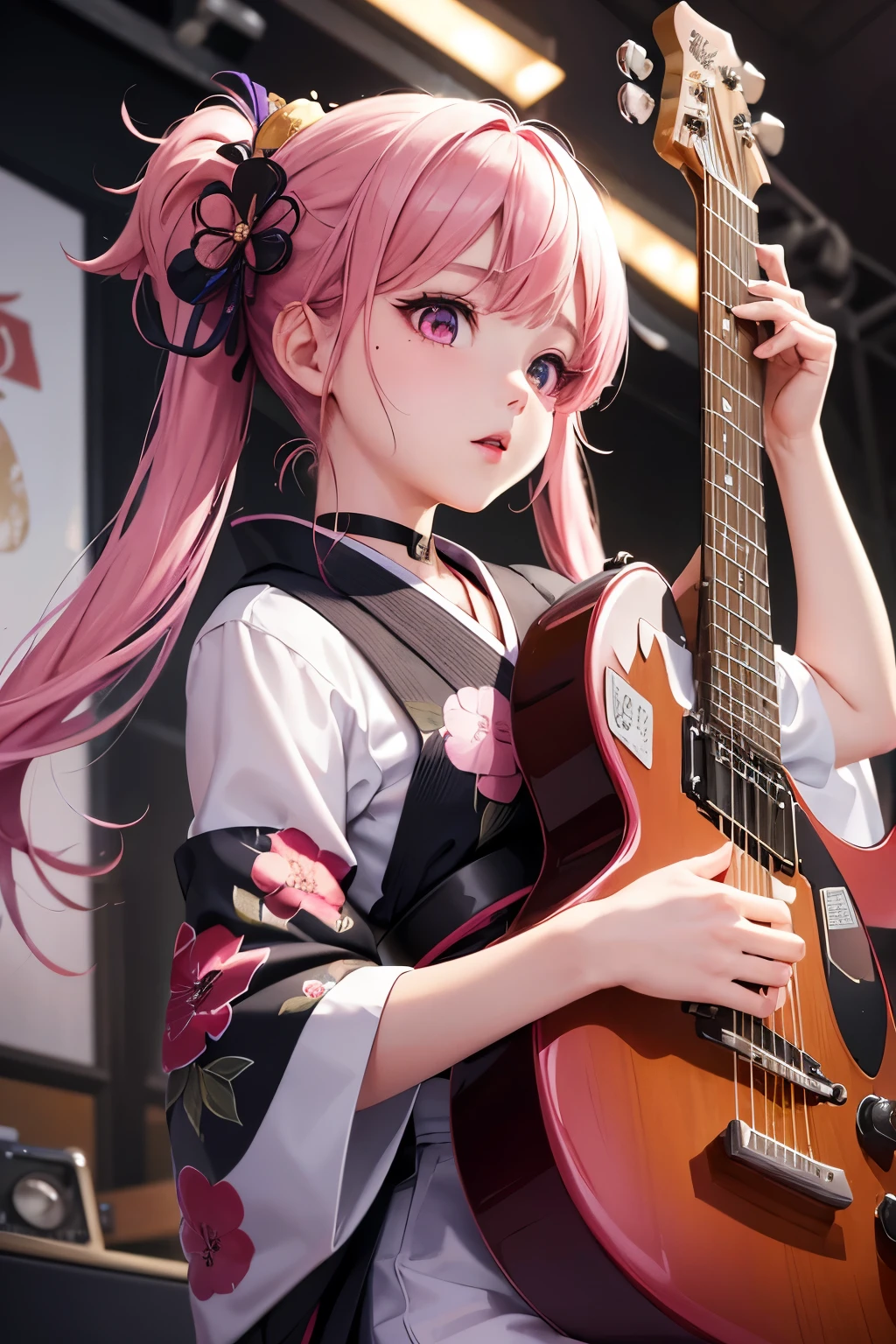 masterpiece, best quality, very detailed, high resolution, expensive resolution, high resolution, 4K, 8k, Unity 8k wallpaper, highly detailed CG, masterpiece, 2D, 3D, beautiful details, depth, fine texture, best quality: 1.3, perfect focus, crispy skin, he,
Very cute anime girl, girl playing guitar vocals in a band wearing a Japanese fancy floral haori hakama, on outdoor stage, full body, expensive pink and black short twin tail hair, mole under eye, looking at the viewer, expensive, blush, mole, lips open, , heart choker, pink eyes, guitar vocals, stage
