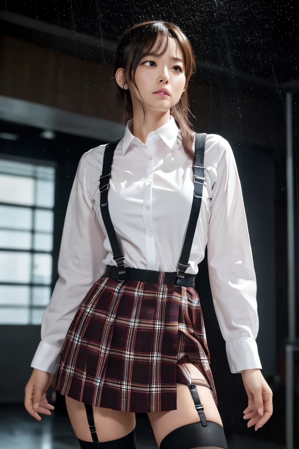 1 female, , high quality, masterpiece, Ultra-high resolution, Cinema Lighting, 1 female, , high quality, masterpiece, Ultra-high resolution, , Cinema Lighting, suspenders Moderate breasts Small face Looking up Sweat Thin belt buzzer 脇Sweat Garter belt Belt on pants holster Hands behind your back Looking up Anxious face Knee-high Knee socks Knee-highソックス garter ふとももにGarter belt Checkered mini skirt Panty shot Skirt gap Armament holster holster Hands behind your back Anxious expression Anxious face, legs apart Armament Leg holster holster See-through clothing heavy rain Rain-soaked dress shirt,
