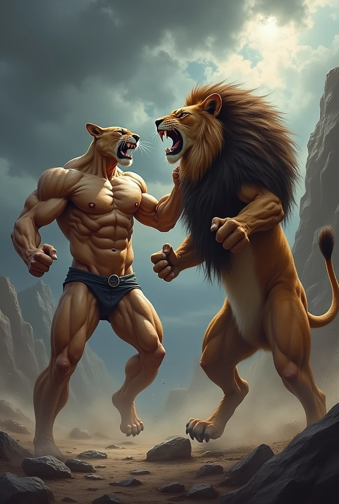 A cat with abs
Fighting with 
A lion with abs
