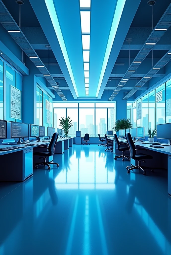 A clean and futuristic workplace with a blue theme
