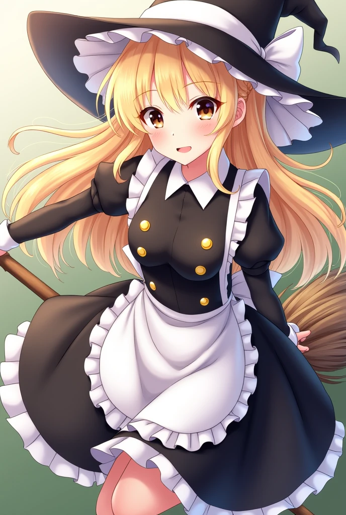 With an anime-like pattern、Confident々Please make a face like that。A wizard with long blonde hair、Only the right side is braided.。There is a white ribbon at the end of the braid.。Her hair is down except for the braid on the right side. She has a black wizard's hat with a ribbon.。The eyes are brown。Her clothes were black and white frilly like a wizard's.、The skirt has something like an apron on it.、Please wear clothes with four gold buttons arranged in a square on the chest.。It's more like a maid outfit.。Please put me on the broom。