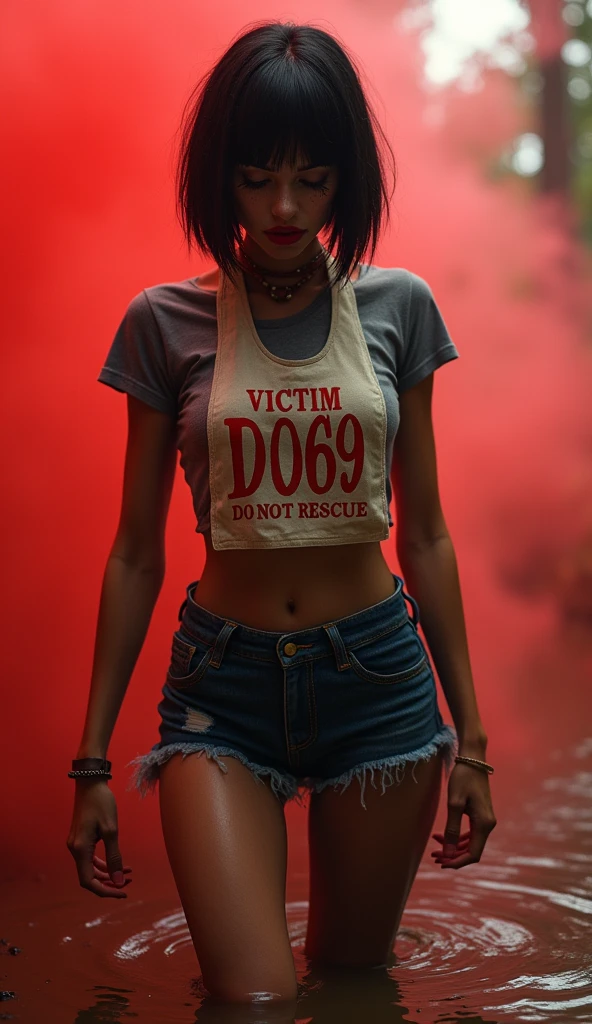 woman, bib "VICTIM 0069 DO NOT RESCUE", denim cut-off skirt, nylon stockings:1.5, compression t-shirt, stuck in mud bog,pale ethnic patterns ritual makeup, cold, red lips, sexy posing, bob haircut, red fog, posing, dynamic, sexy despair