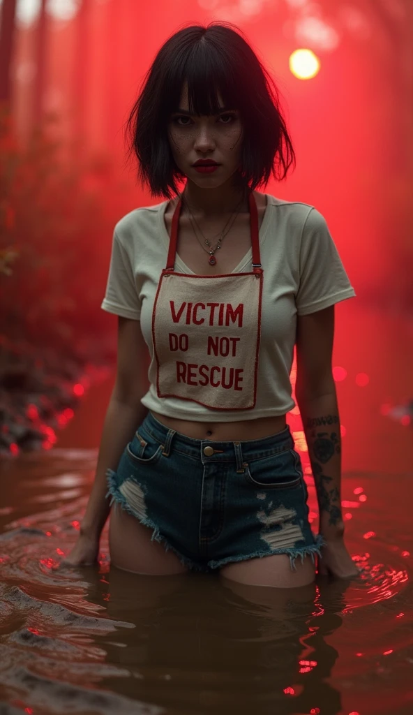 woman, bib "VICTIM 0069 DO NOT RESCUE", denim cut-off skirt, nylon stockings:1.5, compression t-shirt, stuck in mud bog,pale ethnic patterns ritual makeup, cold, red lips, sexy posing, bob haircut, red fog, posing, dynamic, sexy despair