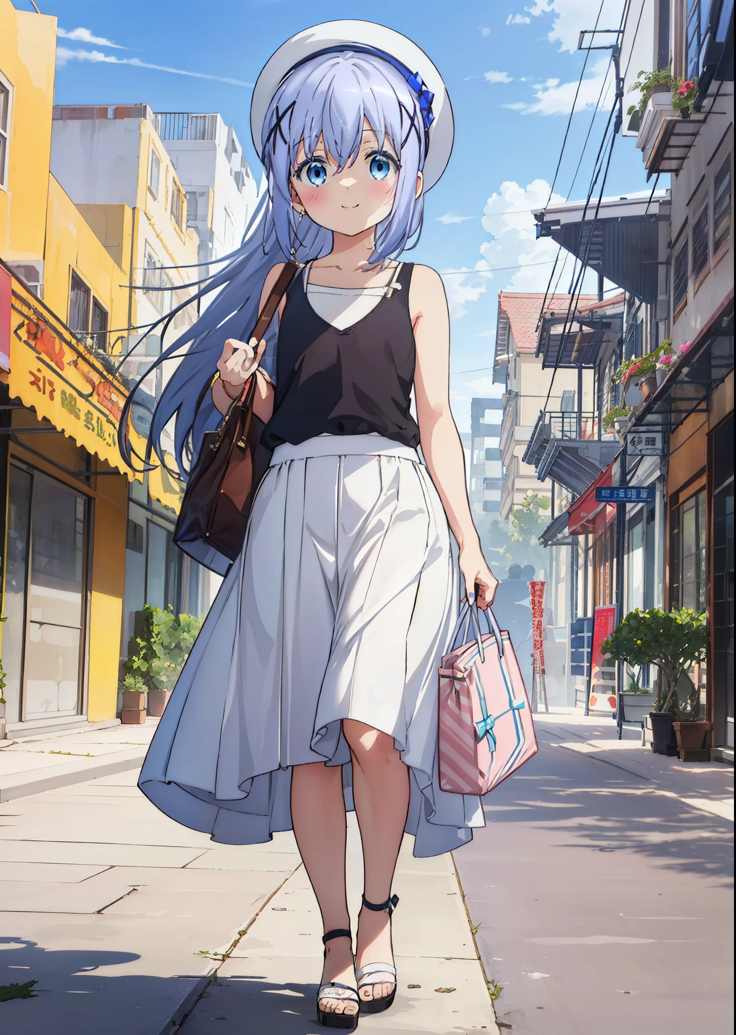 Chino Kafuu, very cute and beautiful girl,(highly detailed beautiful face and eyes),Check it out, long hair, bangs, blue hair, (blue eyes:1.2),Blue Tank Top,White long skirt,Heeled Sandals,Daytime,Clear skies,Palm tree,Walking,smile,Close your mouth,blush,whole bodyがイラストに入るように,
break outdoors, tropical,Tropical,Coastal Road,
break looking at viewer, whole body,
break (masterpiece:1.2), Highest quality, High resolution, unity 8k wallpaper, (figure:0.8), (Beautiful attention to detail:1.6), Highly detailed face, Perfect lighting, Highly detailed CG, (Perfect hands, Perfect Anatomy),