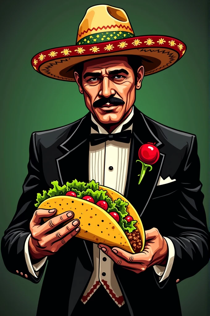 Make a logo of a Mexican Godfather holding a taco al pastor Make it Mexican loteria style Make the marinated corn tortilla Remove lettuce from the taco and add green sauce