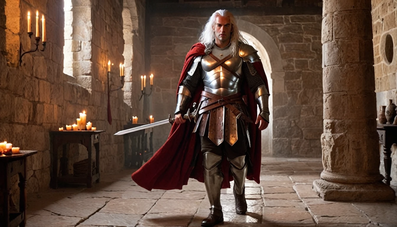 masterpiece, Inside a stone building, Stone slabs scattered on the floor, A muscular man in armor walking towards the front, dim, Long white hair, Candles along the walls light up the room., Holding a large twisted rapier in his hand, Wearing a tarnished red cloak, He wears a dull red loincloth under his armor., Has dark orange fur around his shoulders, Wearing silver armor