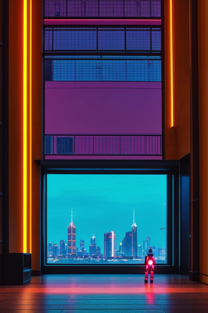 a tiny mech wandering in the city neon style based colours beautiful image city landscape