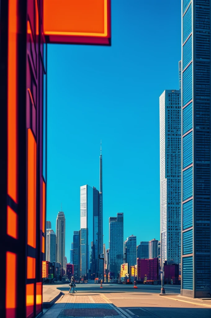 a tiny mech wandering in the city neon style based colours beautiful image city landscape