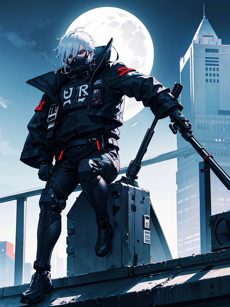 masked spy wearing all black clothing, wearing a cybernetic mask that covers his entire face, with white hair, with silver hoop earrings in his ear, alone on top of a building with the moon in the background