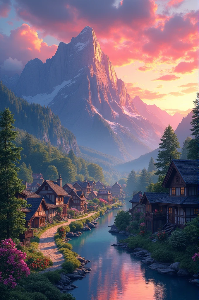 a small village by the river, mountains in the background, floral flowers colorful, detailed landscape, Beautiful natural landscapes, atmospheric lighting, scorching sunset, warm colours, practical, photopractical, Detailed Foliage, complex buildings, cobblestone street, Charming country house, swirly vibrant colors, lush vegetation, Still water reflections, Picturesque, idyllic, work of art, best qualityer, 8k, extremely detaild,anime styling