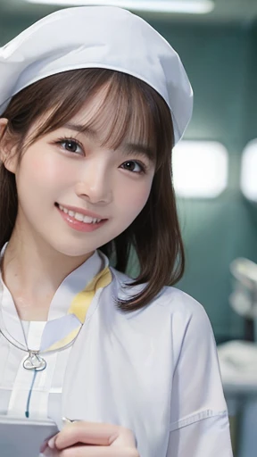 ((1 nurse,Manteau blanc、Basic Nurse Cap,Full body white,Short White Tight Skirt,Photo of her from above obliquely,Take a photo from above,Look at me with a smile,Looking at the camera,look at a camera,Treatment room in a hospital room,holding a clipboard,Take photos from up close to her)),Colossal tits,hyperdetailed face、Wrap the stethoscope around your neck,double eyelid、White clean teeth,Brown-eyed,Breasts are big,Emphasis on the chest,Emphasize body lines,Smile affectionately at me、Perfect makeup,Gentle expression、Beautiful lips,shiny lip,Detailed depiction of the background of the hospital room,Perfect litthing、Hyper-Realism、8k for the highest resolution,Award-Winning Works,masutepiece,Natural lighting,natural soft light)),((Looking at the camera,Big smile,White teeth,Perfect smile,A big smile staring at the camera),((high-definition RAW color photography, professional photograpy, extremely delicate and beautiful, Extremely detailed,finely detail, Huge file size,Top image quality,8k,Photos taken with a single-lens reflex camera))