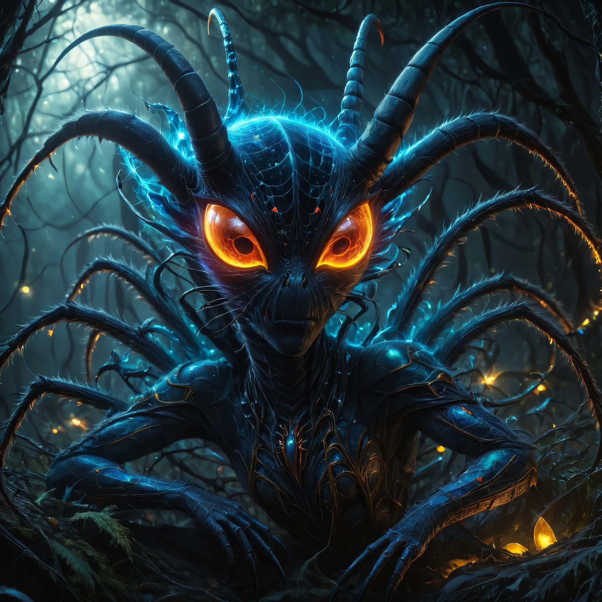 Fantastic and mysterious mystical monster. alien. frightening, nightmarish, fractal color scales, Various different horns made of multi-colored glass.. Eyes burning with fractal fire. Ears covered with fiber optic wool.. The claws are diamonds. Mysterious forest background full of spider webs and lights. . Surrealism mixed with hyperrealism, Very detailed, golden ratio. uhd drawing, art station, cinematographic, perfect composition, 32K, artistic photography, Photorealistic concept art, dramatic light. Genius. perfect composition,Half profile, Beautifully detailed, Incredibly detailed octane rendering trends