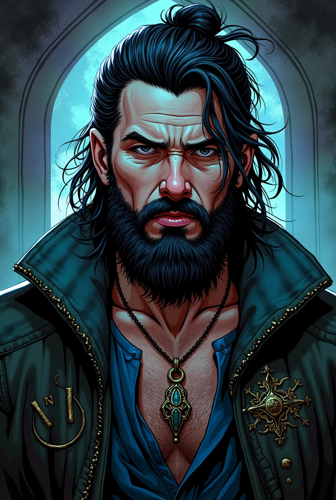 A dungeon and dragon necromancer American comic
 stile, hipster looking without sunglasses or hat  must be a portrait male with beard no sunglasses 