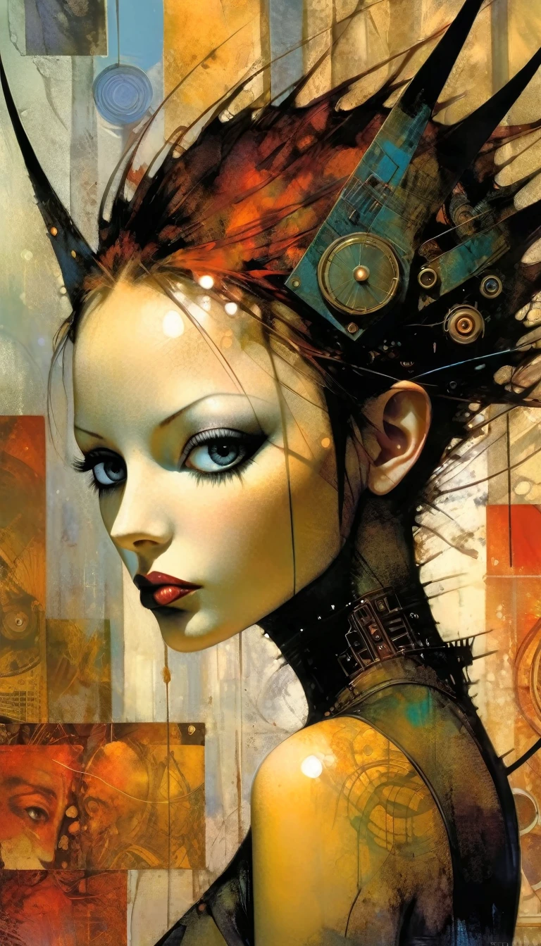 convoluted futuristic industrial machinery, art inspired by Bill Sienkiewicz and dave mckean(best quality, 4k, 8k, high resolution, masterpiece: 1.2), ultra detailed, (realistic, photorealistic), intricate details, sharp focus, professional, artwork by Dave McKean, surreal oil touch, oil painting style, portrait, woman, beautiful detailed eyes, beautiful lips detailed, dreamy atmosphere, shadow play, soft lighting, playful pose, dark tones, ethereal background, fantasy elements, texture, layered composition.