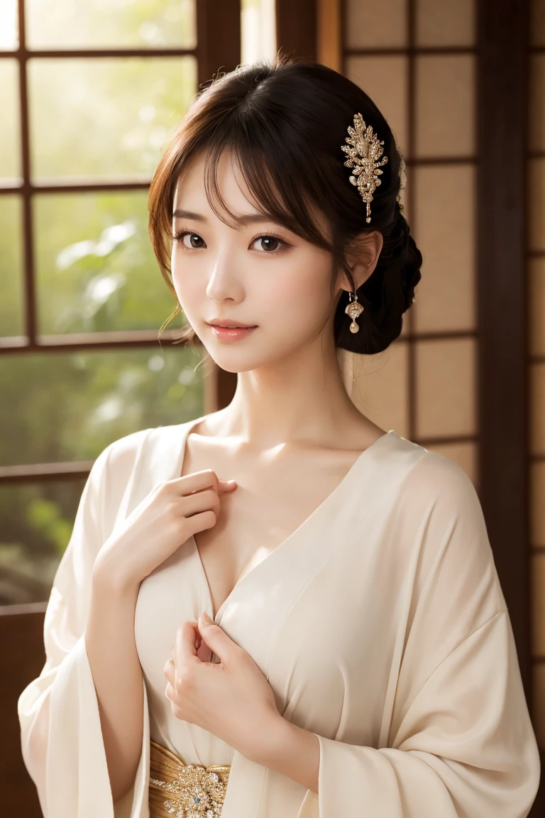 fortune teller,((full body)),((photo)),((best qualtiy, 8K, tmasterpiece:1.3)), Focus:1.2, perfect figure beautiful girl:1.4,1girl,cowboy shot,look at viewer,incredibly absurd, beautiful and cute girl with a photorealistic face, showcasing top-quality craftsmanship, A Japanese woman who works as a fortune teller at a fortune telling parlor, 21 years old, hairstyle is long, deep black hair, shiny, silky texture, diagonal bangs cut above the eyes, side parted hair with a lot of volume, layered hair around the face, amber eyes, fair and fine skin, gentle oval face, cool double eyelids, long eyelashes, thin eyebrows with a natural curve, straight nose, small nose, naturally pink and light lips, plump cheeks that suit a smile, gentle jawline, long neck, beautiful nape, , delicate, well-balanced proportions, slender limbs, small A-cup breasts, beautiful Japanese appearance, elegant Japanese-style kimono with white and pale colors as the base, silver and natural stone earrings and necklace, Japanese patterned fan, beautiful, neat, Japanese style, healing, beautiful girl, kind, gentle, tolerant, knowledgeable, insightful, September