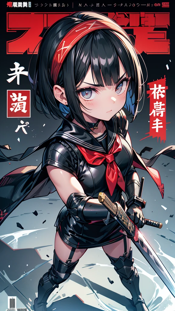 Magazine Cover mature Bobcut Black Hair Narrow eyes Glaring at me Glare frivolous attitude Black Sailor Suit armor Put a headband around your forehead Handguard gloves Black boots Holding the Japan sword battlefield