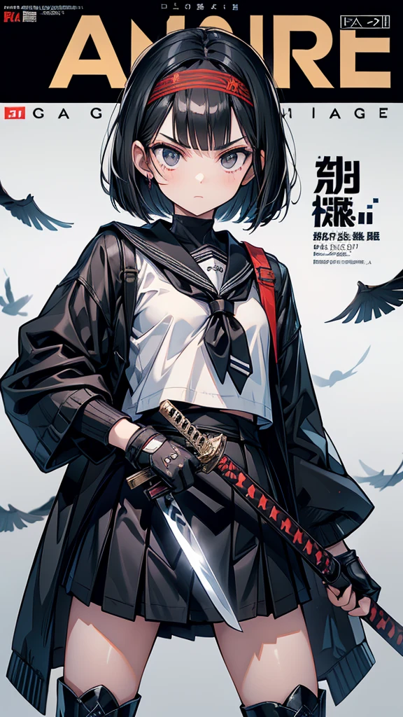 Magazine Cover　mature　Bobcut　Black Hair　Narrow eyes　Glaring at me　Glare　frivolous attitude　Black Sailor Suit　armor　Put a headband around your forehead　Handguard　gloves　Black boots　Holding the Japan sword　battlefield