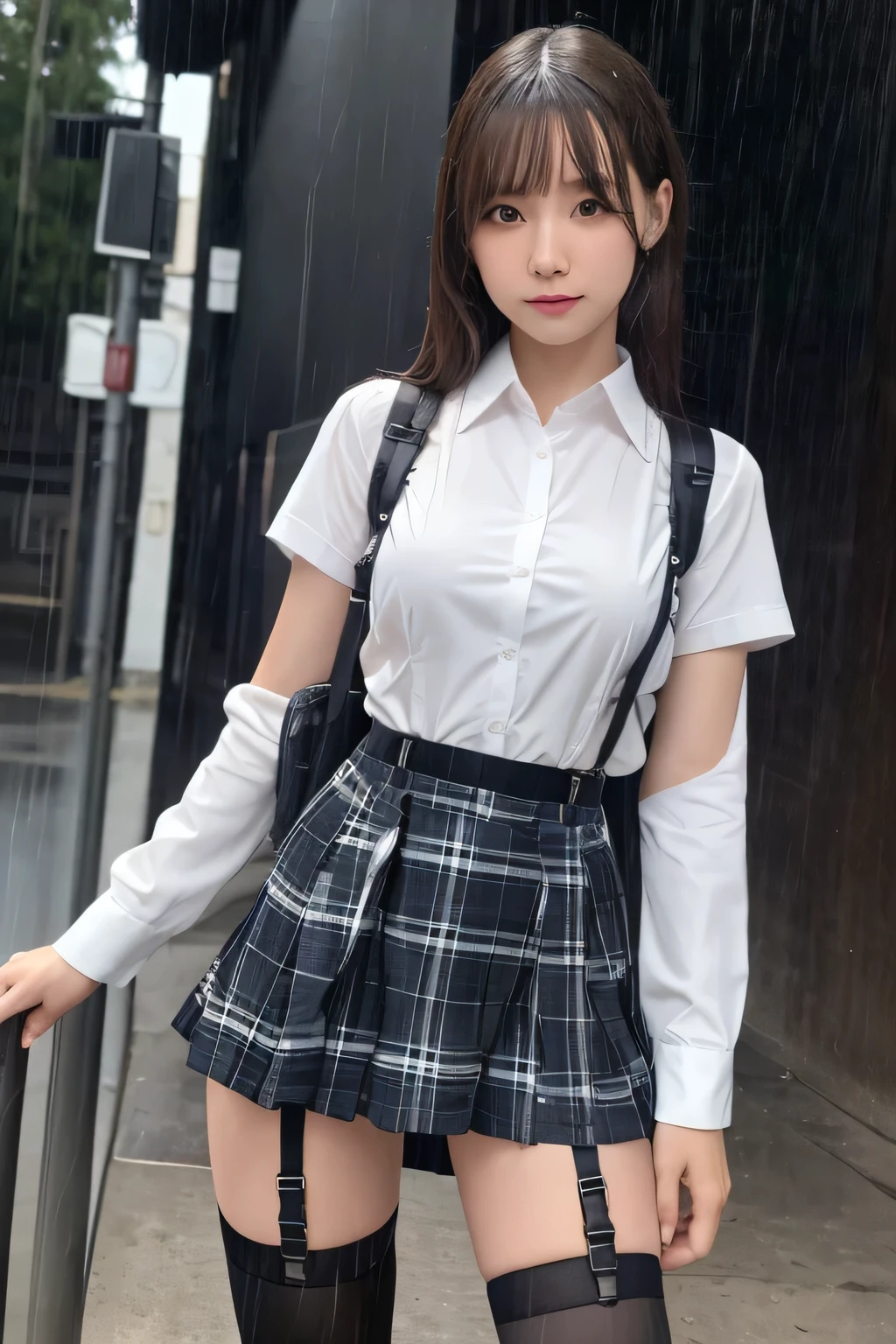 1 female, , high quality, masterpiece, Ultra-high resolution, Cinema Lighting, 1 female, , high quality, masterpiece, Ultra-high resolution, , Cinema Lighting, suspenders Moderate breasts Small face Looking up Sweat Thin belt buzzer 脇Sweat Garter belt Belt on pants holster Hands behind your back Looking up Anxious face Knee-high Knee socks Knee-highソックス garter ふとももにGarter belt Checkered mini skirt Panty shot Skirt gap Armament holster holster Hands behind your back Anxious expression Anxious face, legs apart Armament Leg holster holster See-through clothing heavy rain Rain-soaked dress shirt,