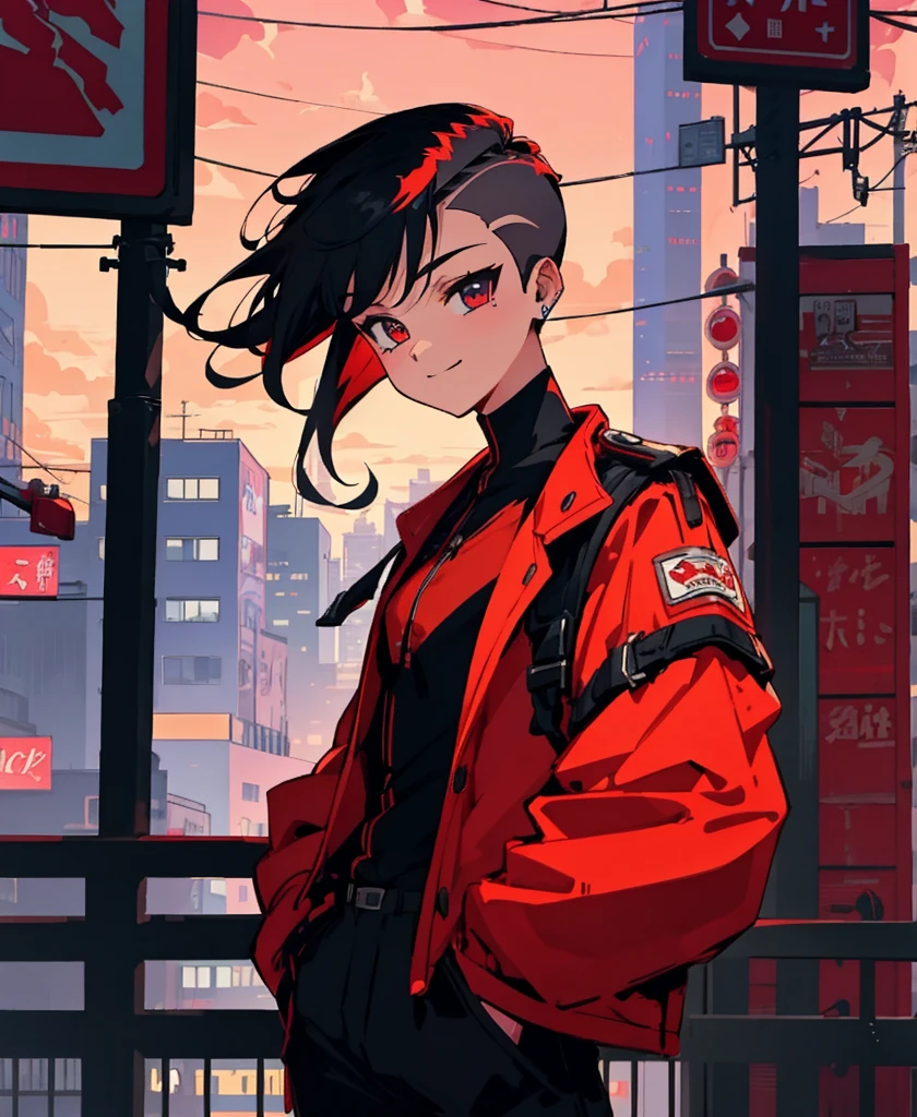 Better Quality, 4K Wallpaper, first work, Highly detailed CG uniform wallpaper 8k, Highly detailed eyes, Ultra-detailed, Intricate details, One girl, Retro art style, Neon Art Style_pop, public, Outdoor, road signs, city,Hair Gradient, Black Hair, short hair, Scarlet Red Iris, Zakartisco's smile, Put your hands in your pockets, Black Pants, Red jacket with black details, city faroeste,Hair Undercut, Hair is low on the sides、The top is high,(estilo de Hair Undercut)