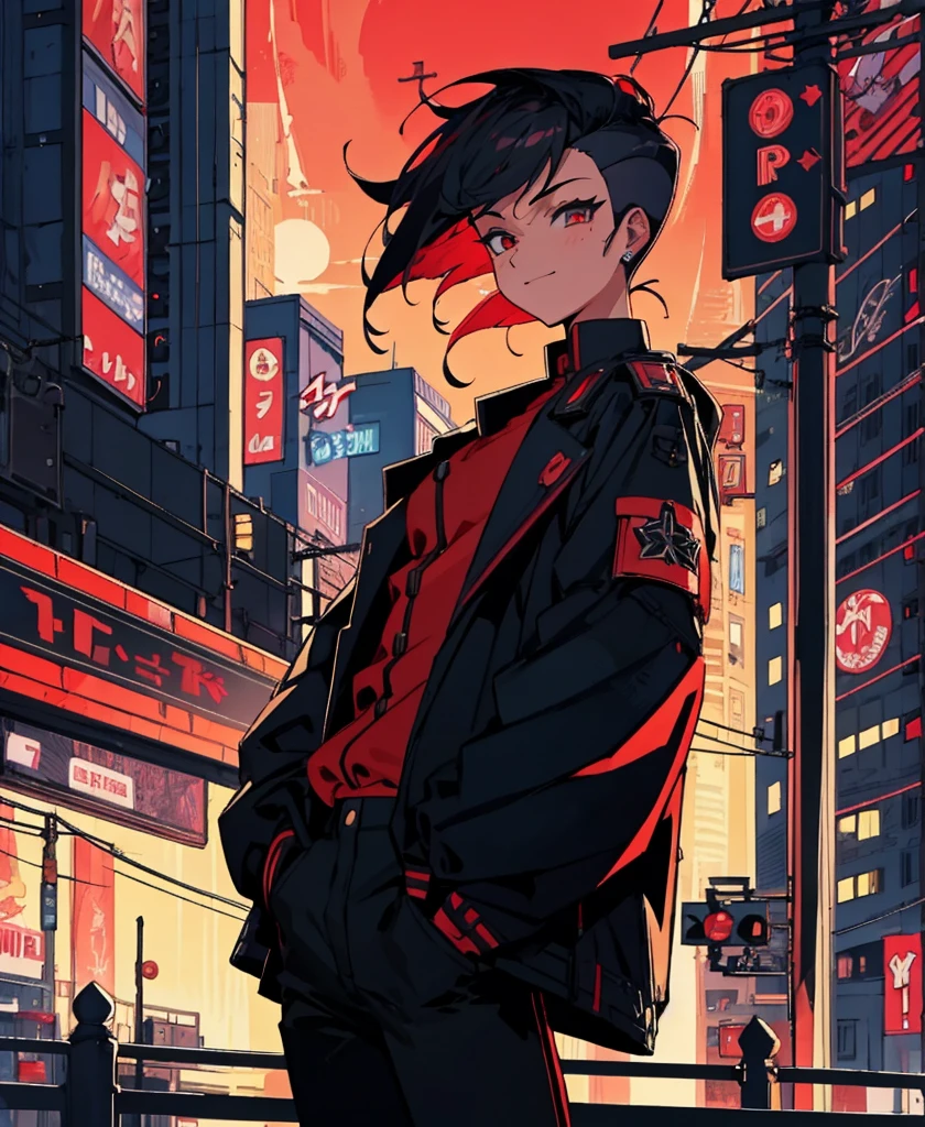 Better Quality, 4K Wallpaper, first work, Highly detailed CG uniform wallpaper 8k, Highly detailed eyes, Ultra-detailed, Intricate details, One girl, Retro art style, Neon Art Style_pop, public, Outdoor, road signs, city,Hair Gradient, Black Hair, short hair, Scarlet Red Iris, Zakartisco's smile, Put your hands in your pockets, Black Pants, Red jacket with black details, city faroeste,Hair Undercut, Hair is low on the sides、The top is high,(estilo de Hair Undercut)