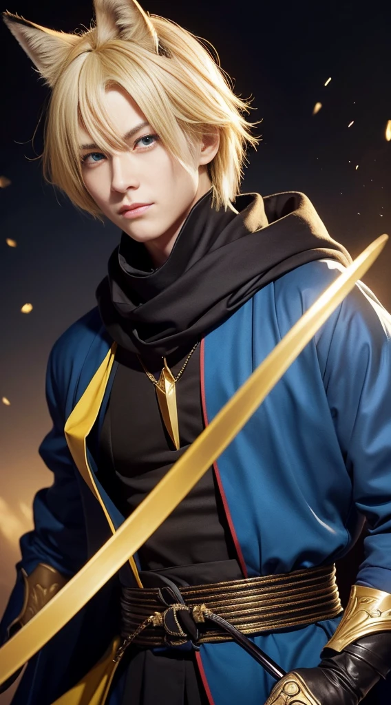 Handsome boy, Close-up of a man holding a sword and katana, Blonde, A yellow triangular scarf around the neck, Black military uniform, Bushy fox ears (Especially large), Inspired by Yang Jing, Moon themed costume, Astral Witch Costume, Blue-gold eyes, Thin Man Fantasy Alchemist, Possibility of whole body use