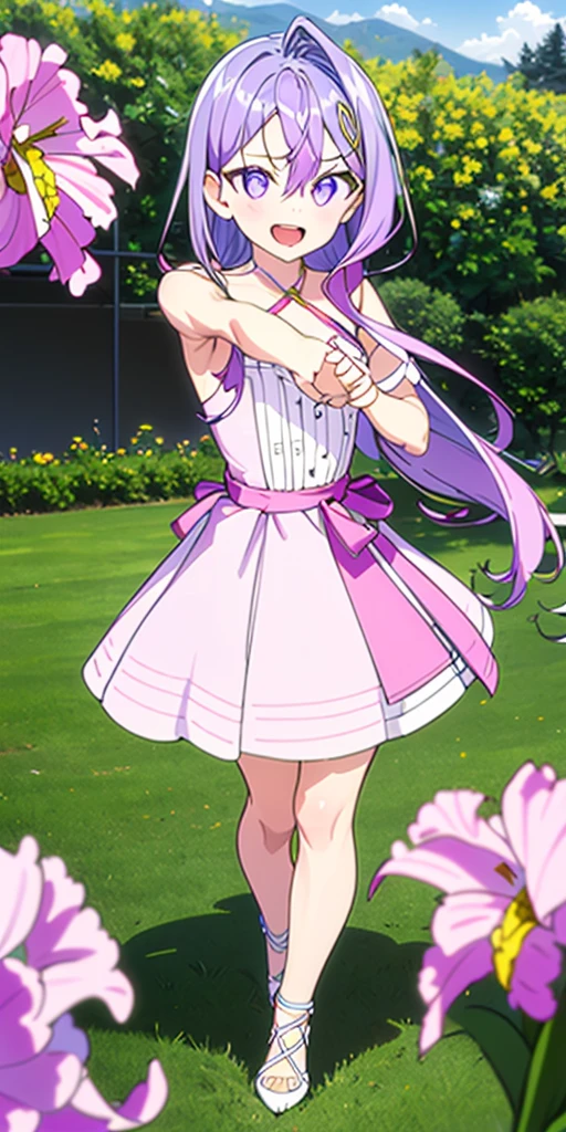(masterpiece), best quality, intricate details, ultra details, ultra quality, rule of third, (looking at viewer), detailed face, detailed iris, glossy lips, 1girl, solo, long hair, purple eyes, hair between eyes, purple hair, hair intakes, bangs, :D, (full body shot), pink dress, outside, field of flowers, dancing (clenching fists, better hands)
