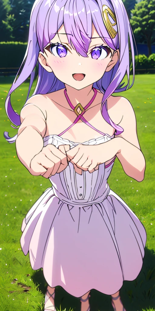 (masterpiece), best quality, intricate details, ultra details, ultra quality, rule of third, (looking at viewer), detailed face, detailed iris, glossy lips, 1girl, solo, long hair, purple eyes, hair between eyes, purple hair, hair intakes, bangs, :D, (full body shot), pink dress, outside, field of flowers, dancing (clenching fists, better hands)