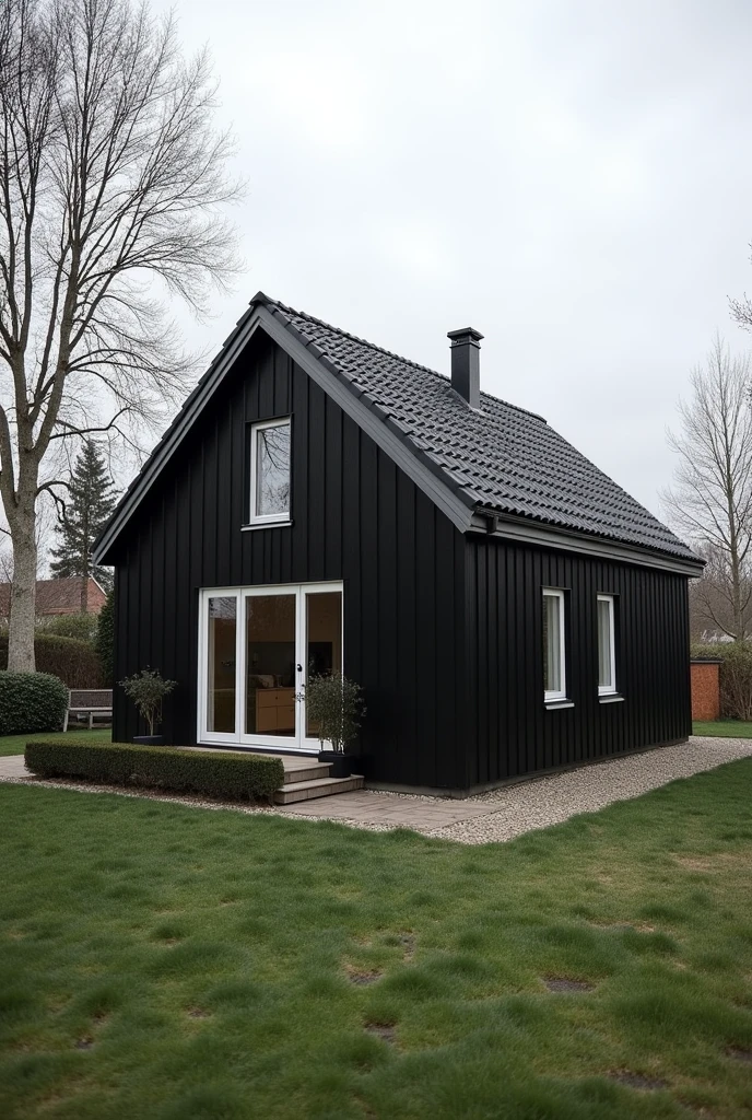 black one-story house, Scandinavian style, 90 square meters