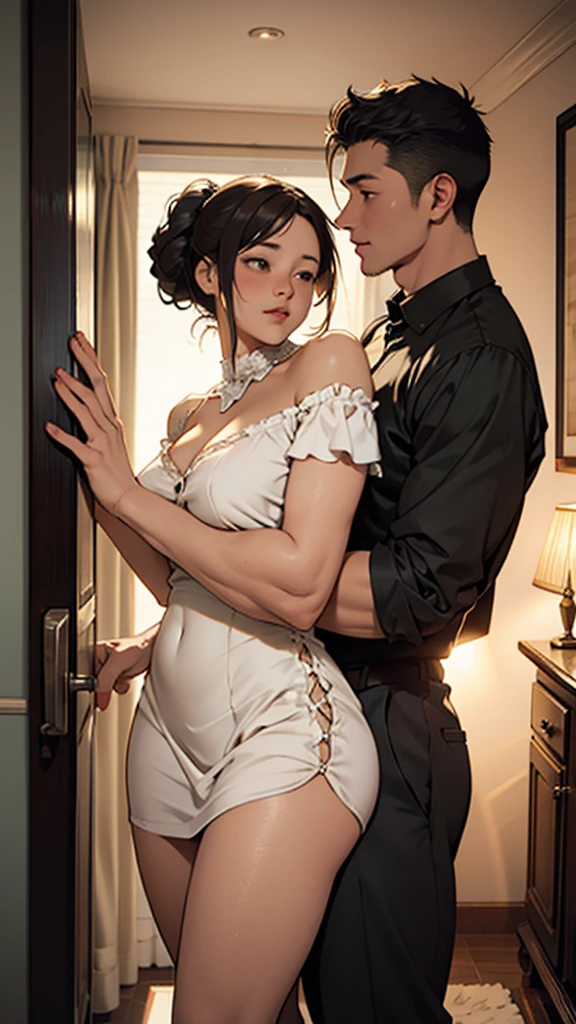 A young couple is romancing inside a vintage house. The woman is wearing a sexy short dress and has big hips. It is evening.