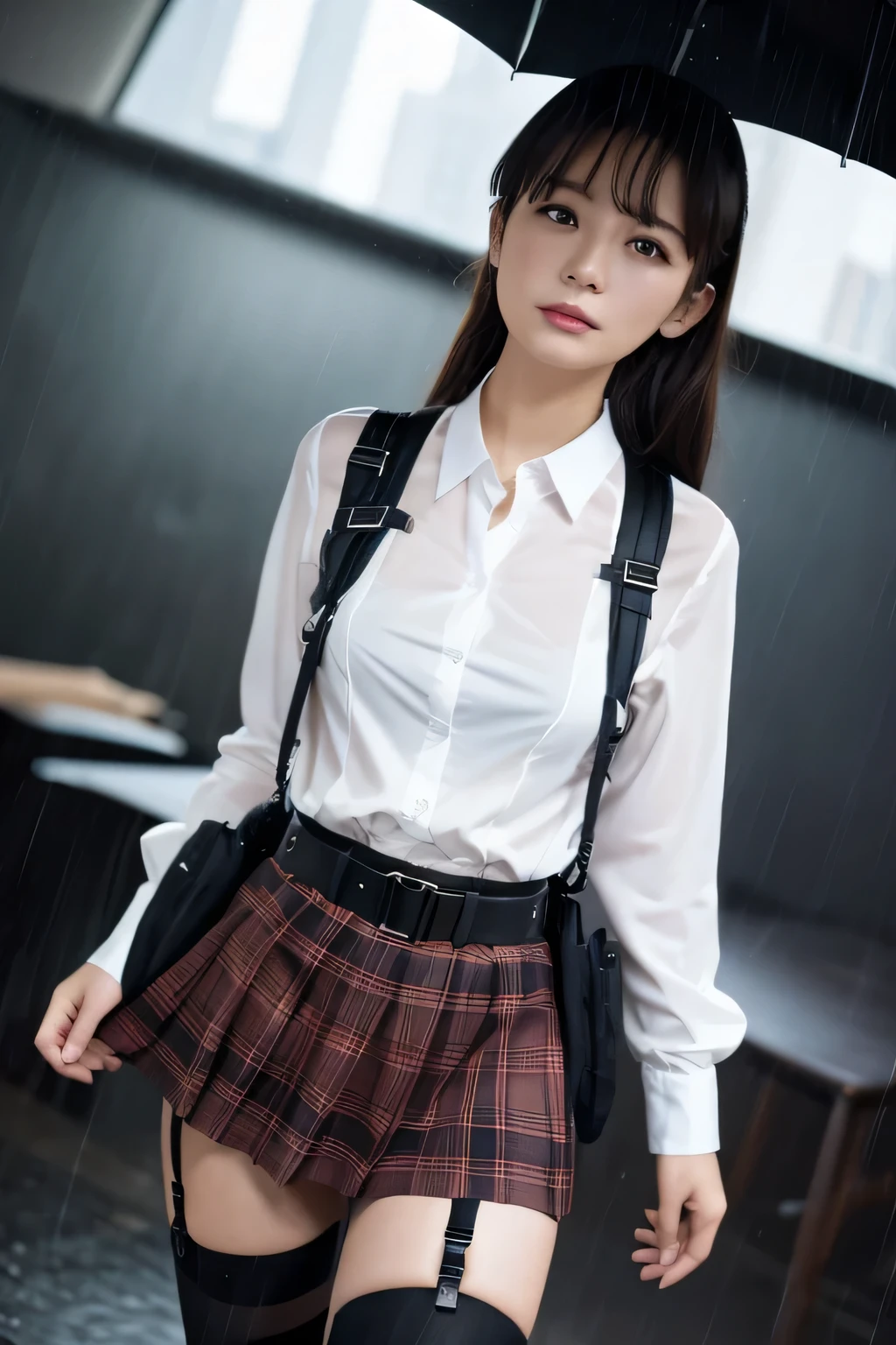 1 female, , high quality, masterpiece, Ultra-high resolution, Cinema Lighting, 1 female, , high quality, masterpiece, Ultra-high resolution, , Cinema Lighting, suspenders Moderate breasts Small face Looking up Sweat Thin belt buzzer 脇Sweat Garter belt Belt on pants holster Hands behind your back Looking up Anxious face Knee-high Knee socks Knee-highソックス garter ふとももにGarter belt Checkered mini skirt Panty shot Skirt gap Armament holster holster Hands behind your back Anxious expression Anxious face, legs apart Armament Leg holster holster See-through clothing heavy rain Rain-soaked dress shirt,