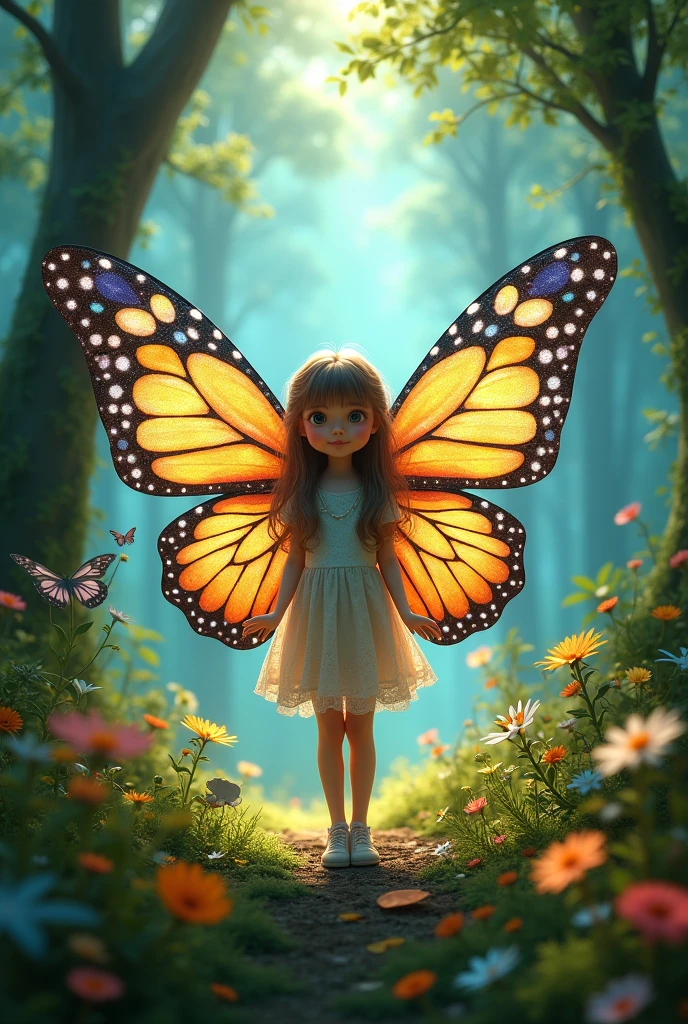 Create a girl having butterfly wings ,vivid wings , beautiful forest background,