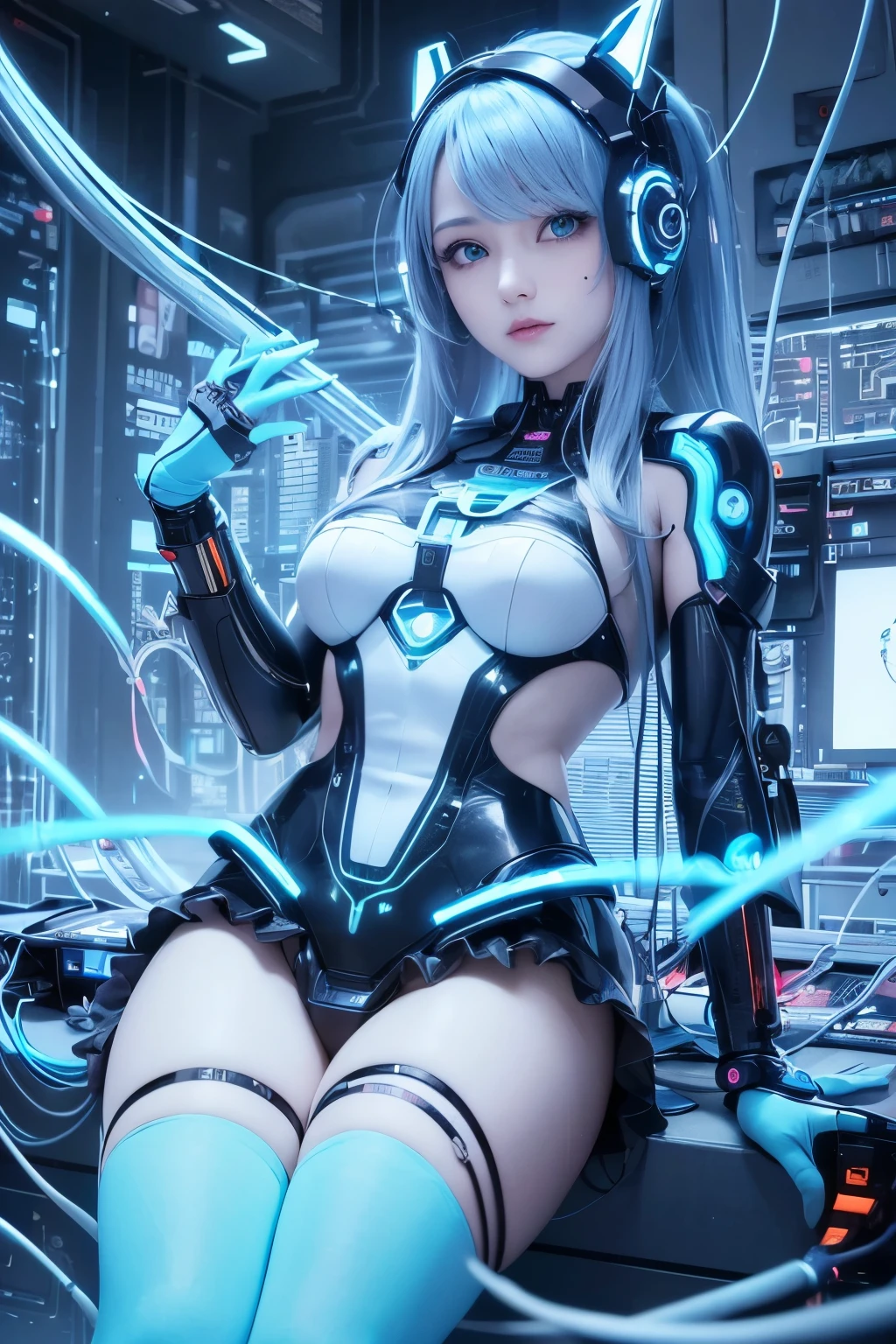 (Highest quality, High resolution, masterpiece:1.2), Very detailed, Absurd:1.37, (Perfect Anatomy),1 girl, Idol, Cowboy Shot, Cute and beautiful young Japanese girl,Very cute face, Transform into a pop superheroine,(Laughter),sitting,(blue eyes:1.3),Beautiful Skin,,Futuristic, Dark blue holographic shiny skin-tight cyber heroine suit with frill skirt, Attractive makeup,Long light blue hair,Cute pose,(Detailed connection lines), (Many wires and cables connected to her Futuristic cyber headgear:1.2), cybernetics, cyber punk, Intricate decorative details, The background is the inside of a supercomputer.