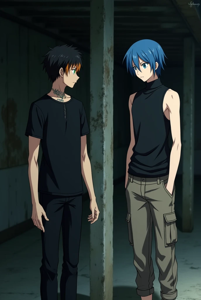 anime style. Black haired man with orange highlights and green eyes, He has a tattoo on his neck and wears a black shirt and black pants., He is standing straight pointing towards a blue haired man with blue eyes wearing a black turtleneck tank top and cargo pants. The blue-haired person is tied to a column inside an abandoned house. It's dark.