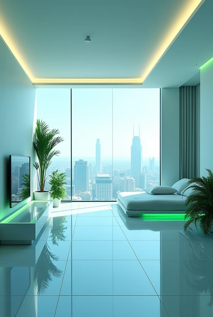 A clean, futuristic room with a focus on blue, white and green