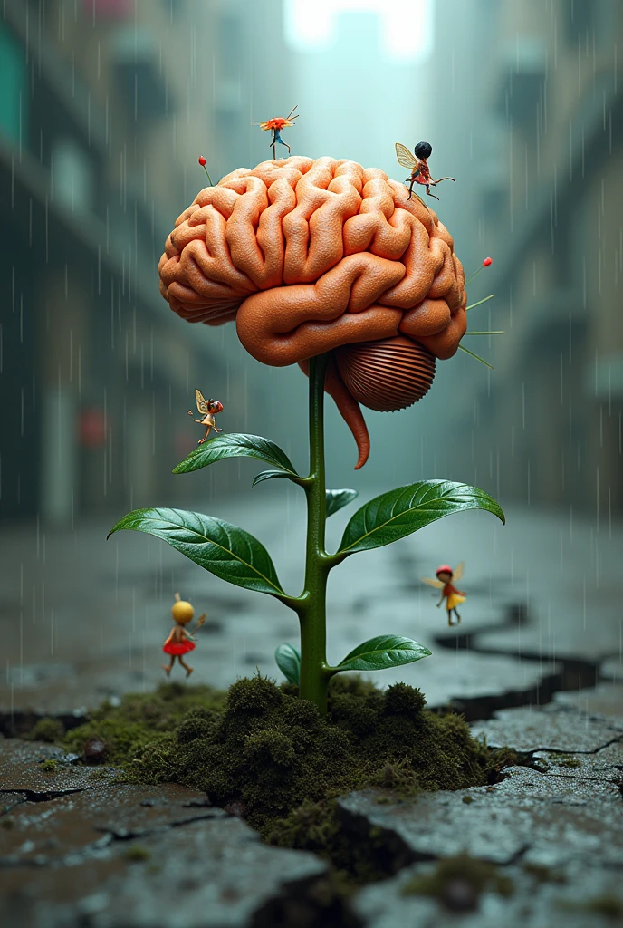 A striking conceptual artwork featuring a tree seedling with a bright, lush brain surrounded by fairies, magically sprouting from a crack in the ground accompanied by rain. The text "pikiranmu seng jahat" stands prominently in the corner, while the inscription below it. The Indonesian phrase "salahku opo mane iki" is also featured. The image expertly combines elements of nature photography, urban setting, mixed media, and 3D rendering, creating a cinematic atmosphere with strong typography. The scene powerfully conveys a message of resilience and growth, even in the most challenging environments, and serves as a reminder of the strength within us all. typography, conceptual art, 3d rendering, cinematic, typography, conceptual art, 3d rendering, 3d render, cinematic, illustration