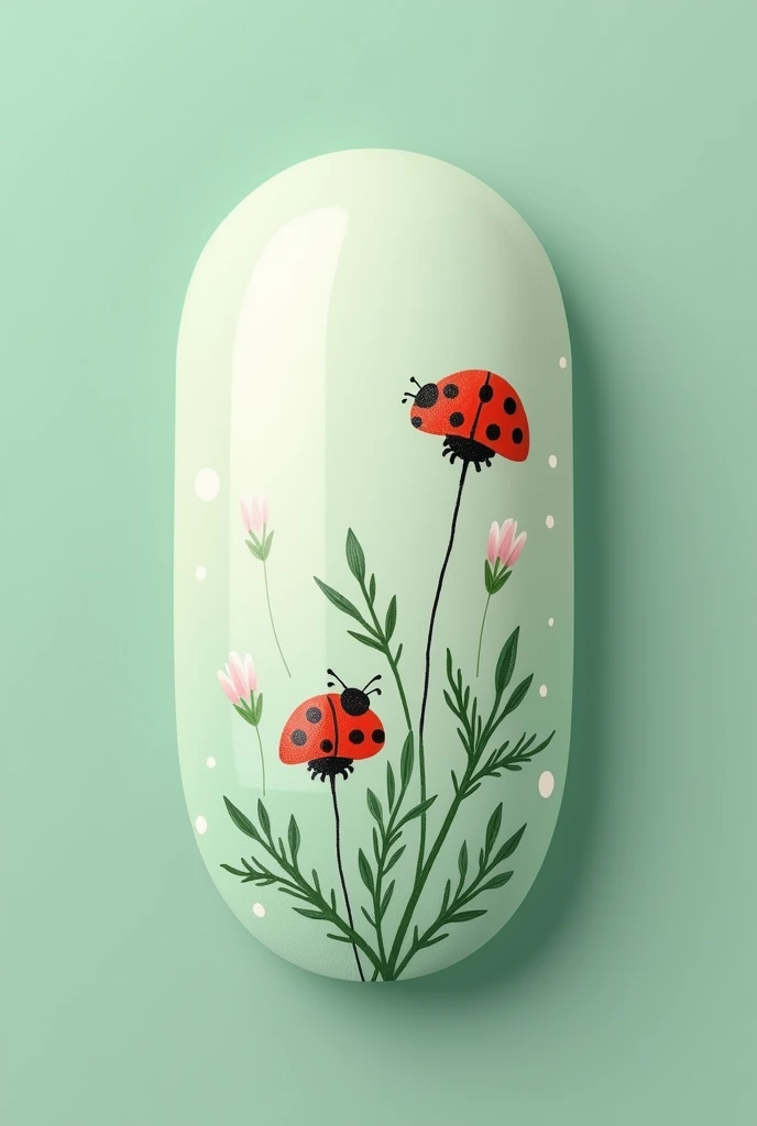 An aesthetic oval nail art with ladybug and plant pattern in soft color and the backgound color is mint green. 